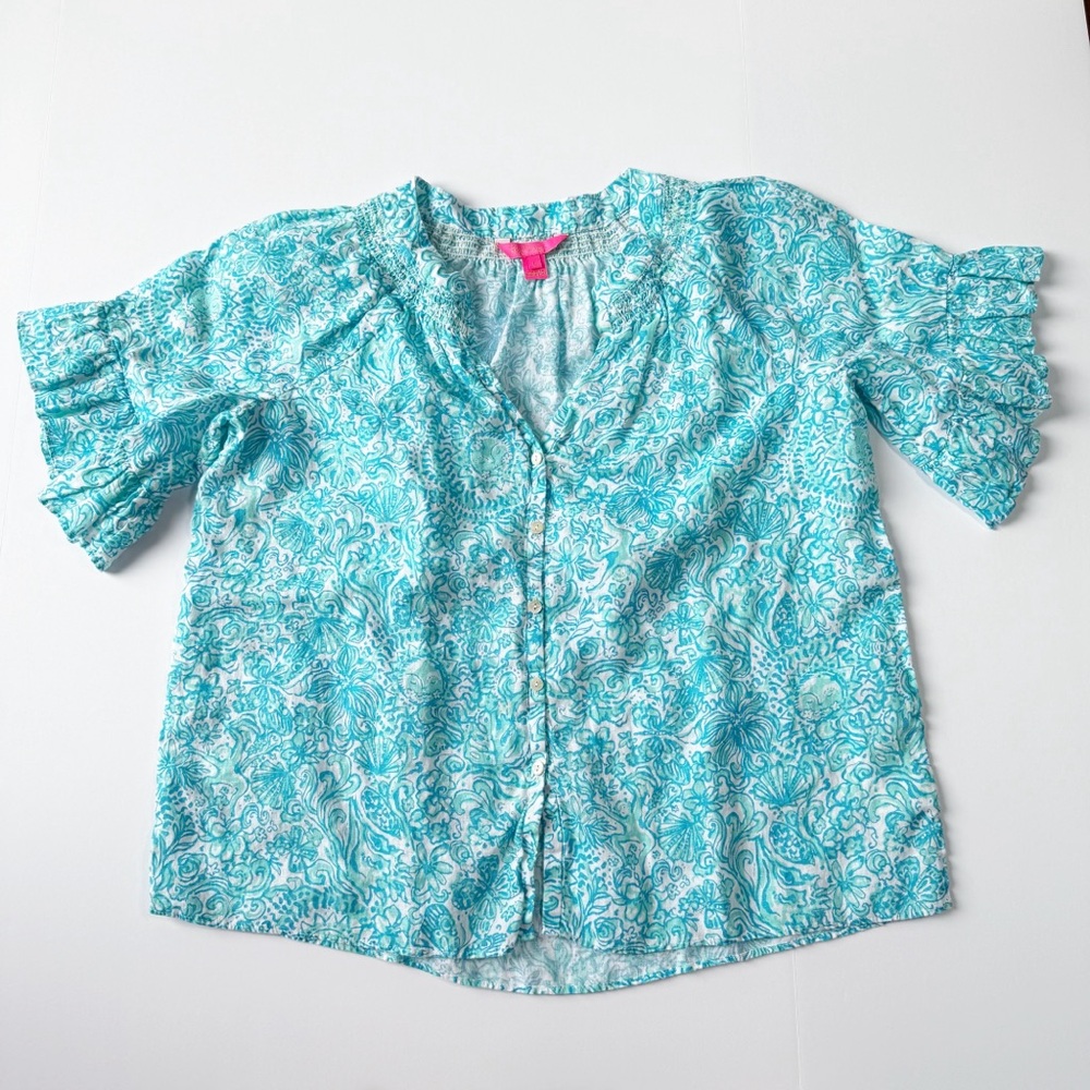 Lilly Pulitzer Linen Tayla Blouse Flutter Sleeve blue and aqua large - Picture 2 of 9